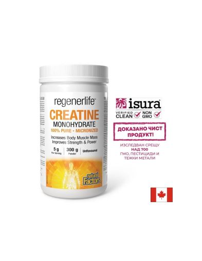 Креатин монохидрат (микронизиран) Regenerlife™ - Сила, издръжливост и мускулна ефективност, 5000 mg х 300 g прах