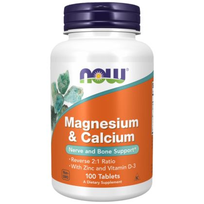 NOW Foods Magnesium & Calcium | with Vitamin D3 & L-OptiZinc [100 Таблетки, 33 Дози]