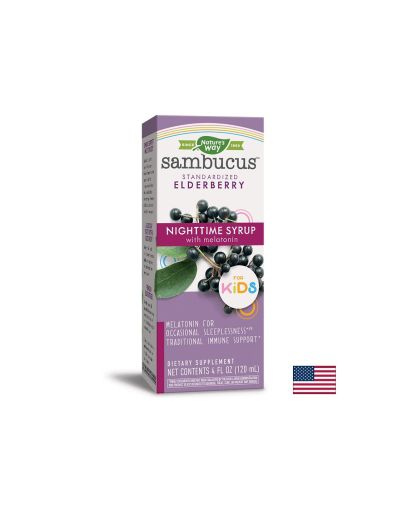 Сироп за деца с черен бъз и мелатонин - За силен имунитет и добър сън - Sambucus NightTime Syrup for Kids, 120 ml Nature’s Way