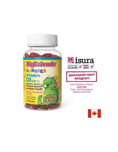 Витамин D3 Гъми за Деца - Big Friends, 600 IU, 60 желирани таблетки с вкус на ягода Natural Factors