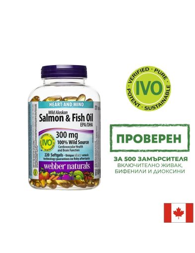 Сърдечна и мозъчна функция - Дива сьомга (масло) от Аляска (1000 mg)+ Рибено масло (300 mg), 220 софтгел капсули