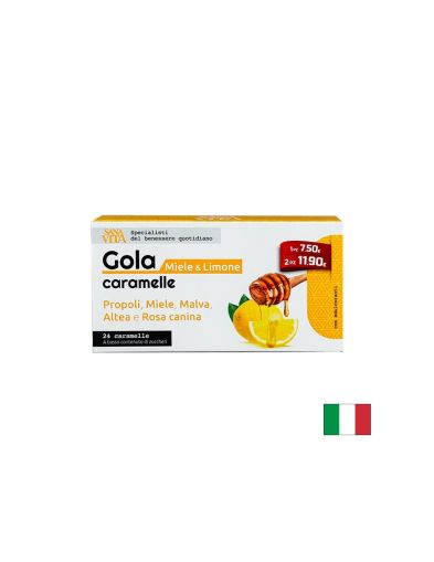 Билкови бонбони за гърло с прополис, пчелен мед, горски слез, бяла ружа и шипка, 24 броя с вкус на мед и лимон