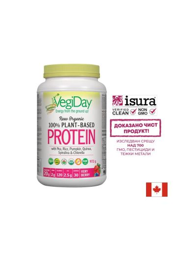 Растителен протеин VegiDay от 100% органичен грах, ориз и семена, 936 g, 30 дози, с вкус на горски плодове