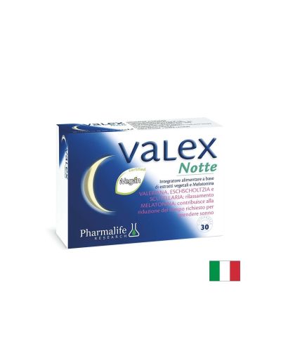 Валериана 500 mg + Мелатонин 1 mg + Калифорнийски мак – По-бързо заспиване и спокоен сън, Valex Notte, 30 таблетки