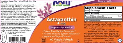 NOW Foods Astaxanthin 4 mg [60 Гел капсули, 60 Дози]