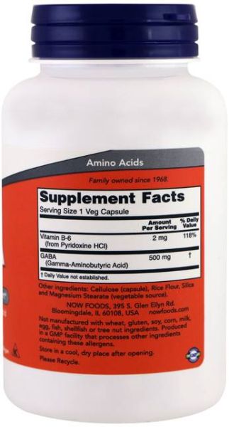 NOW Foods GABA 500 mg + B6 [200 капсули, 200 Дози]