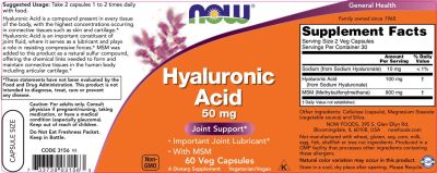 NOW Foods Hyaluronic Acid 50 mg | with MSM [60 капсули, 30 Дози]