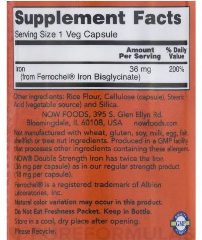 NOW Foods Iron 36 mg / Double Strength / Ferrochel Iron Bisglycinate [90 капсули, 90 Дози]