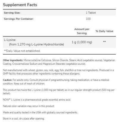 NOW Foods L-Lysine 1000 mg [250 Таблетки, 250 Дози]