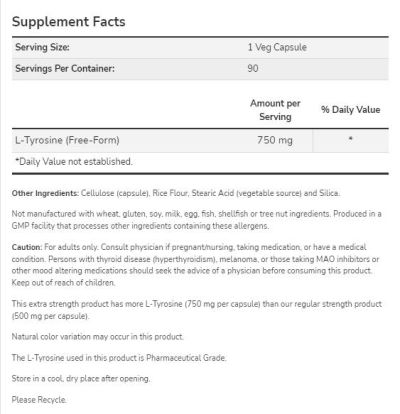 NOW Foods L-Tyrosine 750 mg | Extra Strength [90 капсули, 90 Дози]