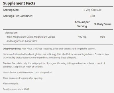 NOW Foods Magnesium Caps 400 mg [180 капсули, 180 Дози]