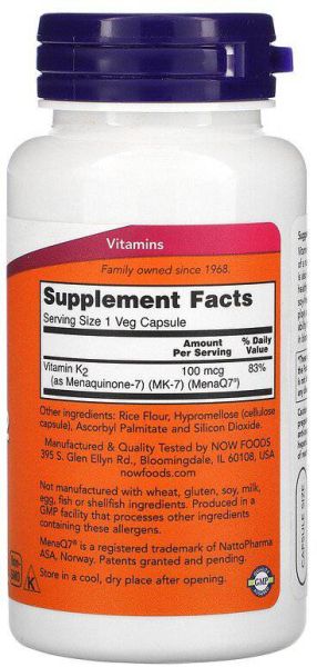 NOW Foods MK-7 Vitamin K-2 100 mcg [120 капсули, 120 Дози]