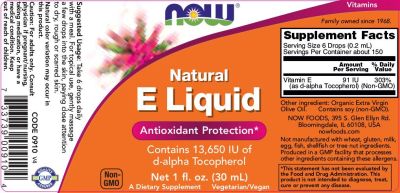 NOW Foods Natural Vitamin E Liquid | d-alpha Tocopherol [30 мл, 150 Дози]