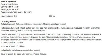 NOW Foods Niacin 500 mg [250 Таблетки, 250 Дози]