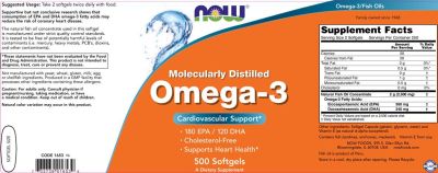 NOW Foods Omega 3 1000 mg / Molecularly Distilled [500 Гел капсули, 250 Дози]