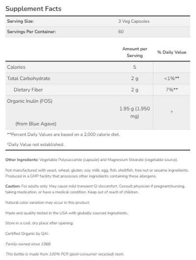 NOW Foods Prebiotic Inulin Fiber FOS [180 капсули, 60 Дози]