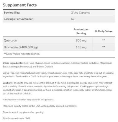 NOW Foods Quercetin with Bromelain [60 капсули, 30 Дози]