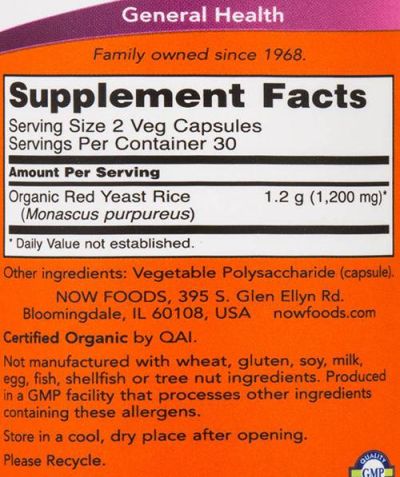 NOW Foods Red Yeast Rice 600 mg [60 капсули, 30 Дози]
