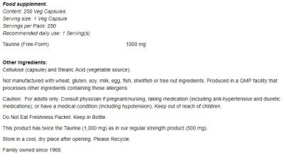 NOW Foods Taurine 1000 mg / Double Strength [250 капсули, 250 Дози]