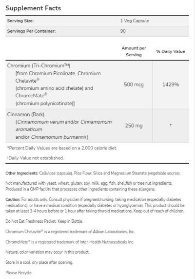 NOW Foods Tri-Chromium 500 mcg + Cinnamon [180 капсули, 180 Дози]