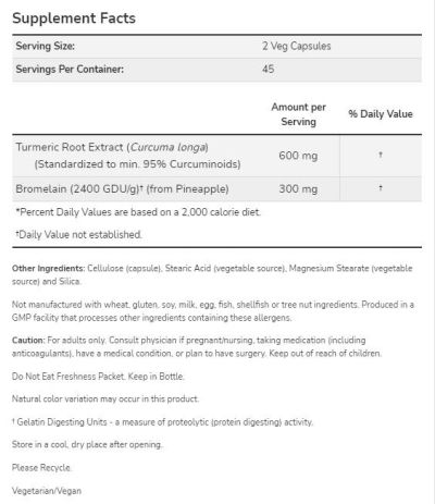 NOW Foods Turmeric & Bromelain [90 капсули, 45 Дози]