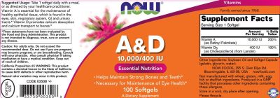 NOW Foods Vitamin A & D 10000/400 IU [100 Гел капсули, 100 Дози]