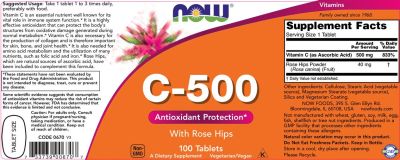 NOW Foods Vitamin C-500 with Rose Hips [100 Таблетки, 100 Дози]