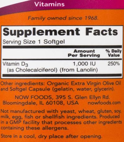 NOW Foods Vitamin D-3 1000 IU [360 Гел капсули]