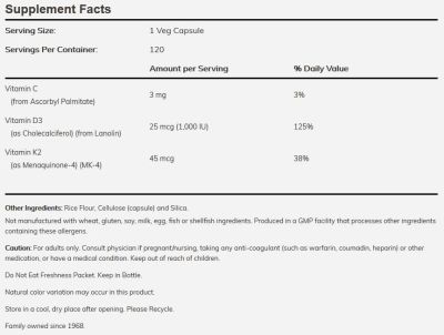 NOW Foods Vitamin D-3 1000 IU + K-2 45 mcg [120 капсули, 120 Дози]