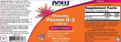 NOW Foods Vitamin D-3 1000 IU | Chewable [180 Дъвчащи таблетки]