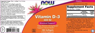 NOW Foods Vitamin D-3 400 IU [180 Гел капсули]