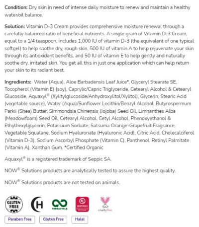 NOW Foods Vitamin D-3 Cream 1000 IU per Gram | Paraben Free [118 мл]