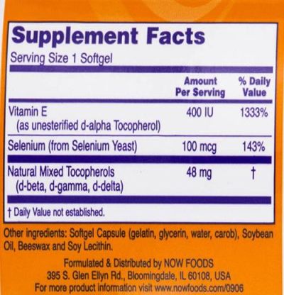 NOW Foods Vitamin E-400 + Selenium [100 Гел капсули, 100 Дози]