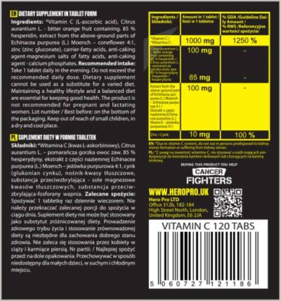 Hero.Lab Vitamin C 1000 mg + Bioflavonoids | with Echinacea + Zinc [120 Таблетки, 120 Дози]