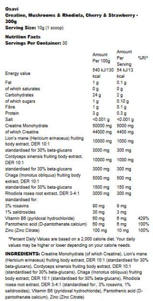 Osavi Creatine Monohydrate, Mushrooms & Rhodiola | with Lion's Mane, Cordyceps, Chaga [300 грама, 30 Дози]