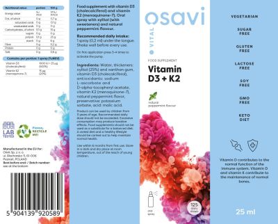 Osavi Vitamin D3 + K2 | Oral Spray [25 мл, 125 Дози]
