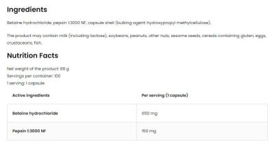 OstroVit Betaine HCl + Pepsin [100 капсули, 100 Дози]