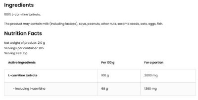 OstroVit L-Carnitine Tartrate Powder [210 грама, 105 Дози]