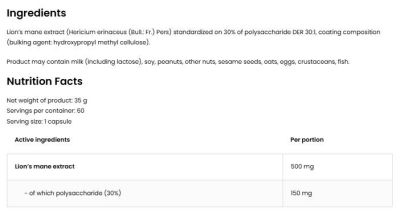 OstroVit Lion's Mane 500 mg / Vege [60 капсули, 60 Дози]