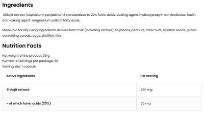 OstroVit Shilajit 250 mg | with 20% Fulvic Acid [90 капсули, 90 Дози]