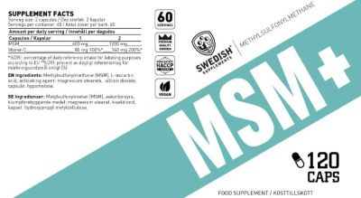 SWEDISH Supplements MSM+ 600 mg | with Vitamin C [120 капсули, 60 Дози]