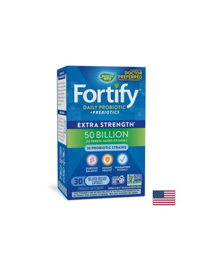 Пробиотик + пребиотици – високо дозирани Fortify Probiotic Extra Strength 50 млрд. активни пробиотици, 30 капсули със забавено освобождаване