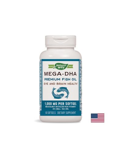 Mega-DHA - Рибено масло Мега-ДХА – за мозъка и зрението, 1000 mg, 60 софтгел капсули Nature’s Way