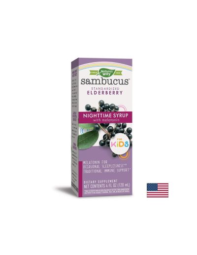 Сироп за деца с черен бъз и мелатонин - За силен имунитет и добър сън - Sambucus NightTime Syrup for Kids, 120 ml Nature’s Way