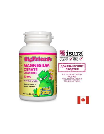 Magnesium Citrate Big Friends - Магнезий (цитрат) за деца 50 mg, 60 дъвчащи таблетки с вкус на дъвка Natural Factors