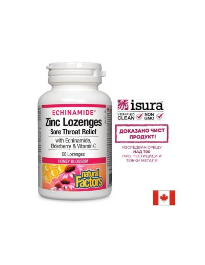 Echinamide® / Цинк, ехинацея, витамин С и черен бъз, 60 таблетки за смучене с вкус на цветен мед Natural Factors