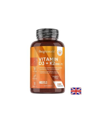 Костна система - Витамин D3 4000 IU + K2 100 µg,180 таблетки Weight Worl